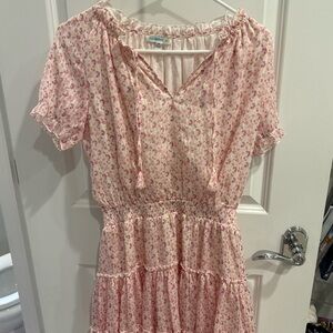 Maeve Floral Tie-Neck Mini Dress in Light Pink